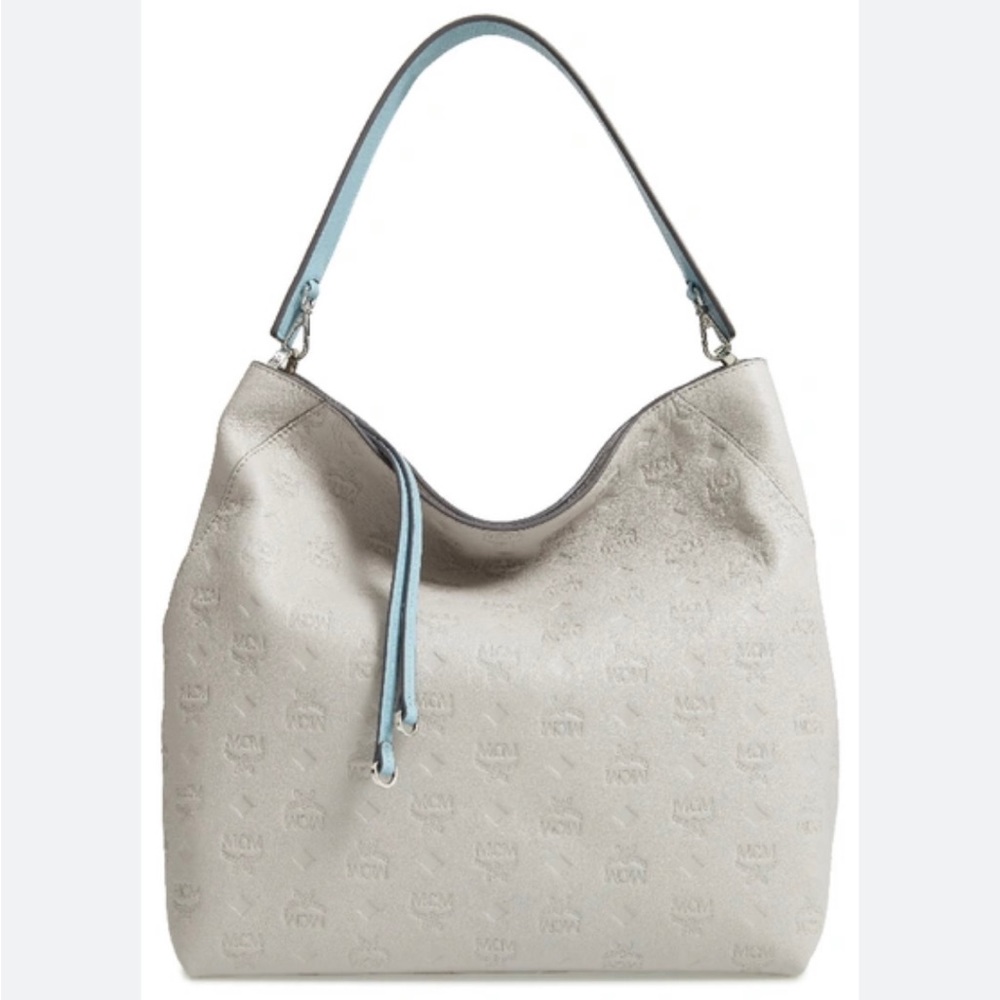 MCM Klara Monogrammed Beige Leather Hobo Shoulder Handbag